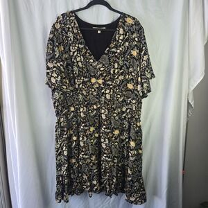 Rewind Black Floral Flutter Sleeve Gauze Dress 3X Milkmaid Knee Whimsigoth Fairy